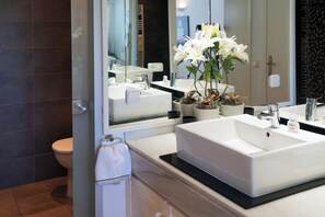 Hair dryer, towels, soap, toilet paper
