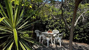 A garden table with chairs, surrounded by lush greenery and trees. - Apartment Saint-Clair (Le Lavandou) with private pool and garden - beach 300 m away (Le Lavandou)