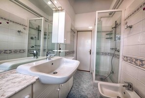 Shower, hair dryer, bidet, towels