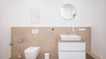 Ducha, secador de pelo, toallas, jabón