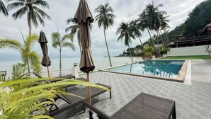 A poolside area with lounge chairs and umbrellas, palm trees, and a view of the sea.