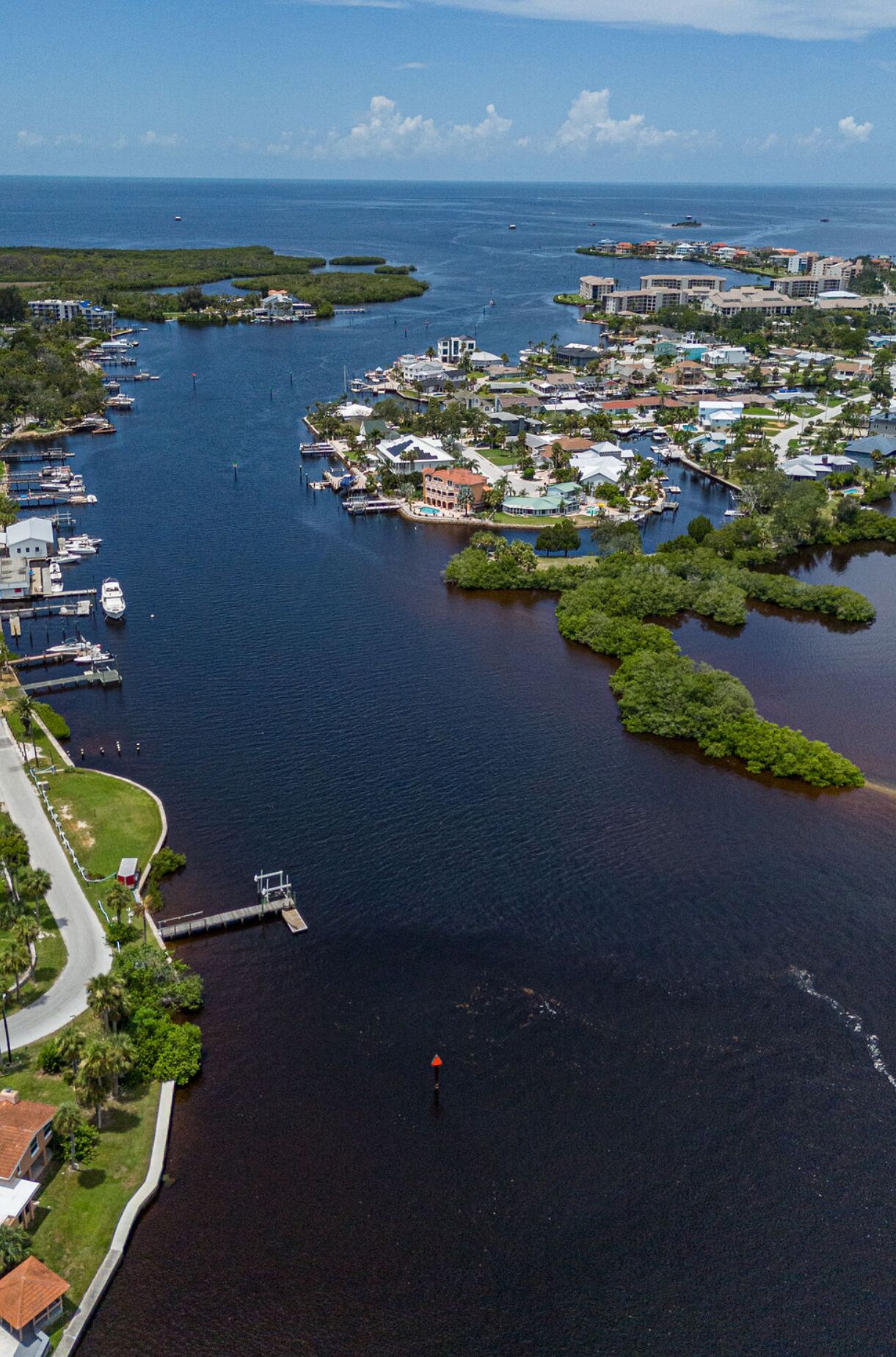 An aerial view of a marina with boats docked, surrounded by greenery and residential buildings.