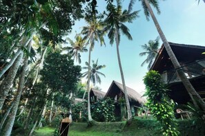 Un resort tropical con edificios de techo de paja rodeado de palmeras y exuberante vegetación.