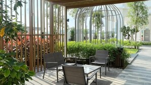 Patio esterno con sedie e tavoli in metallo, circondato da vegetazione e una struttura in vetro.