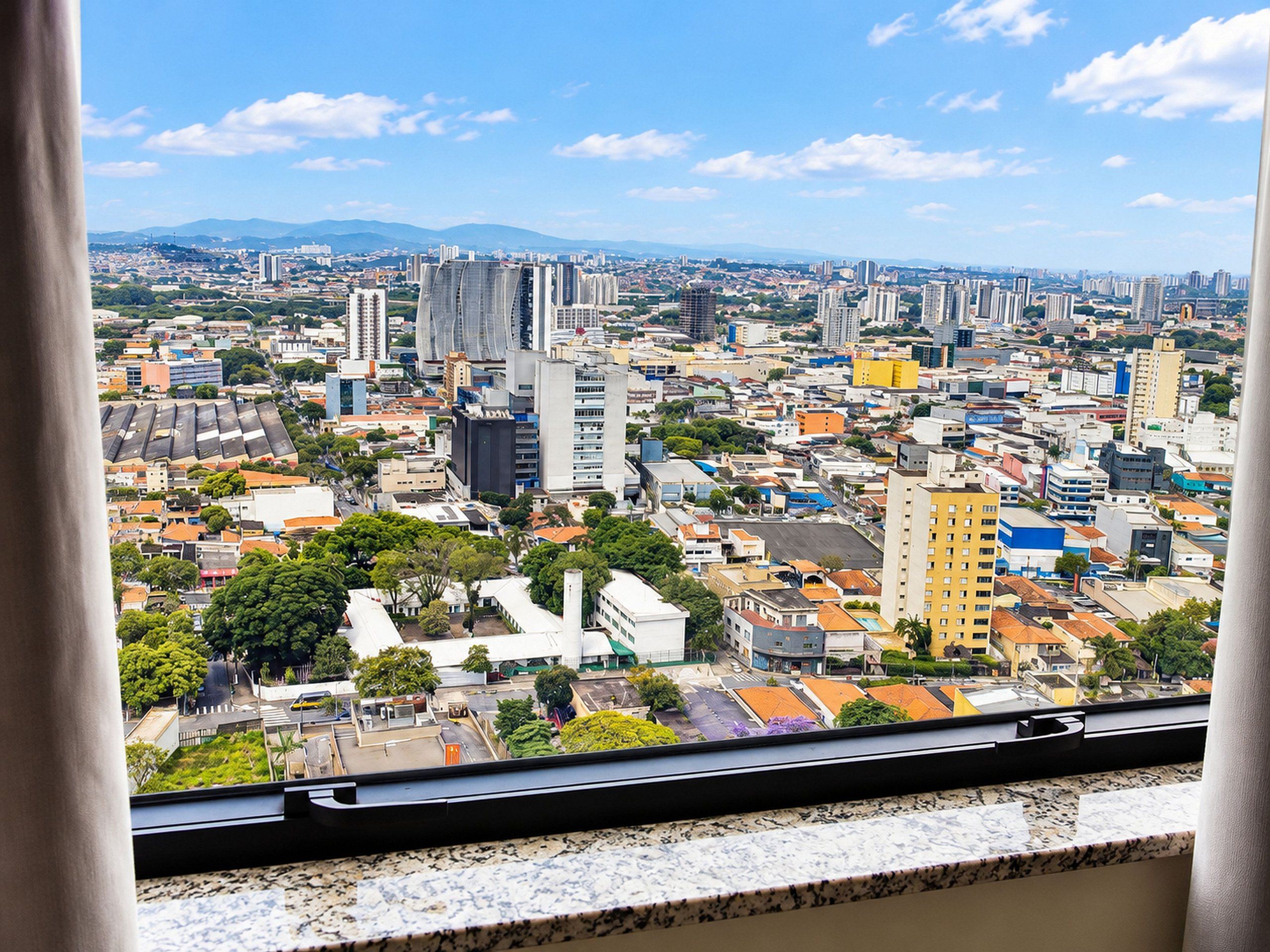 A cityscape viewed from a high vantage point, featuring a variety of building types and a clear sky.