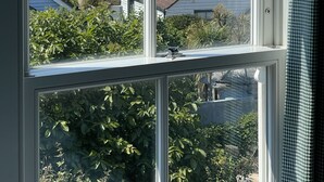 A coastal view through a window, including a beach, a white building labeled "Old Beach Inn," and lush greenery.