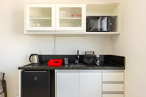 Fridge, microwave, coffee/tea maker