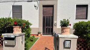 A building with a tiled entrance, a door with a window, and a small garden area with potted plants.