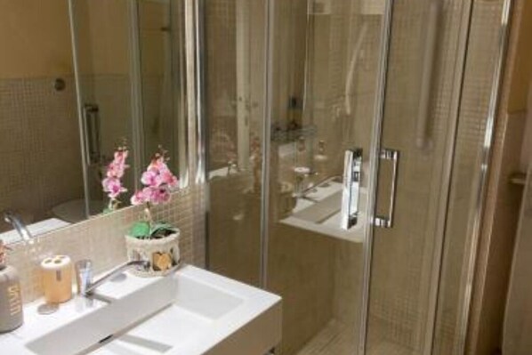 Hair dryer, bidet, towels, soap