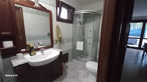 Shower, hair dryer, bidet, towels