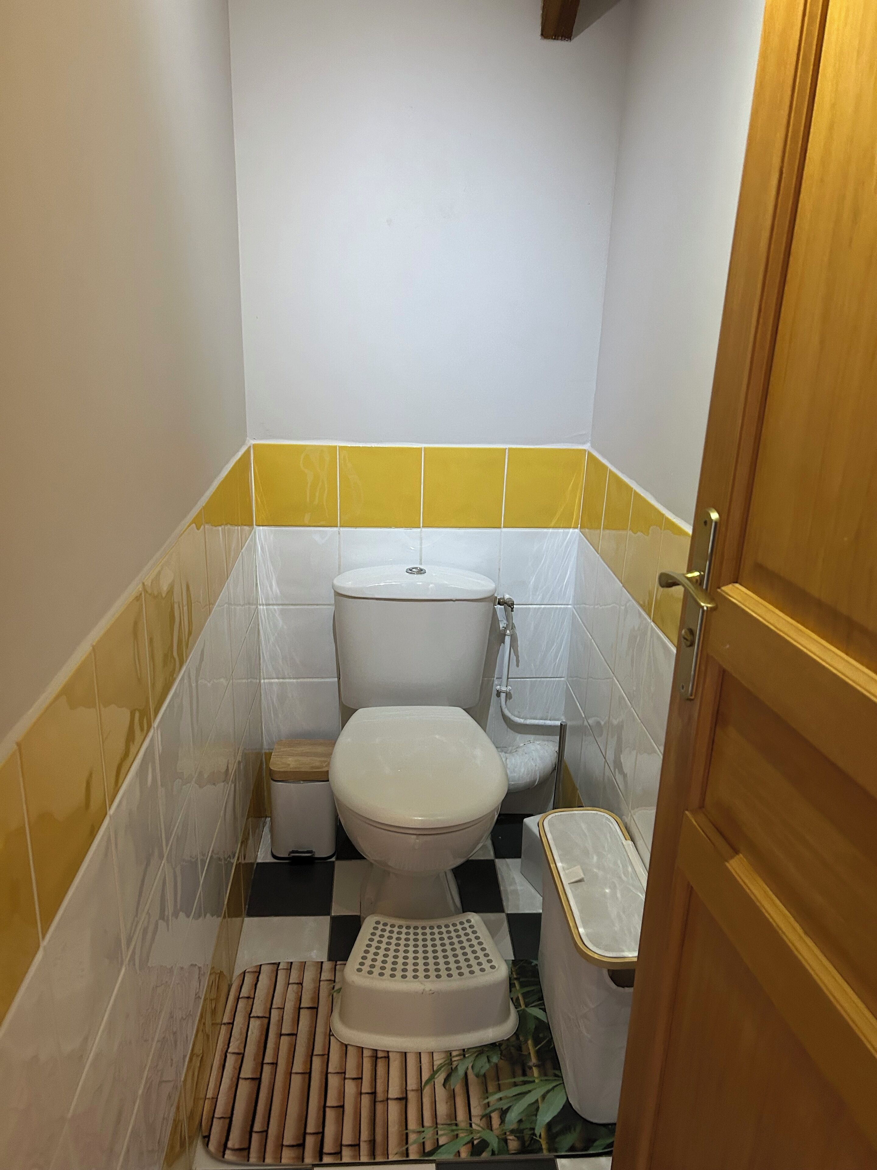 Een kleine badkamer met toilet, een opstapje en een afvalbak.