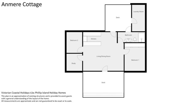 Plano de planta de Anmere Cottage con terraza, dos dormitorios, un estudio, cocina, salón-comedor y baño.