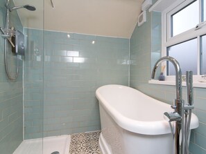 Shower, hair dryer, towels