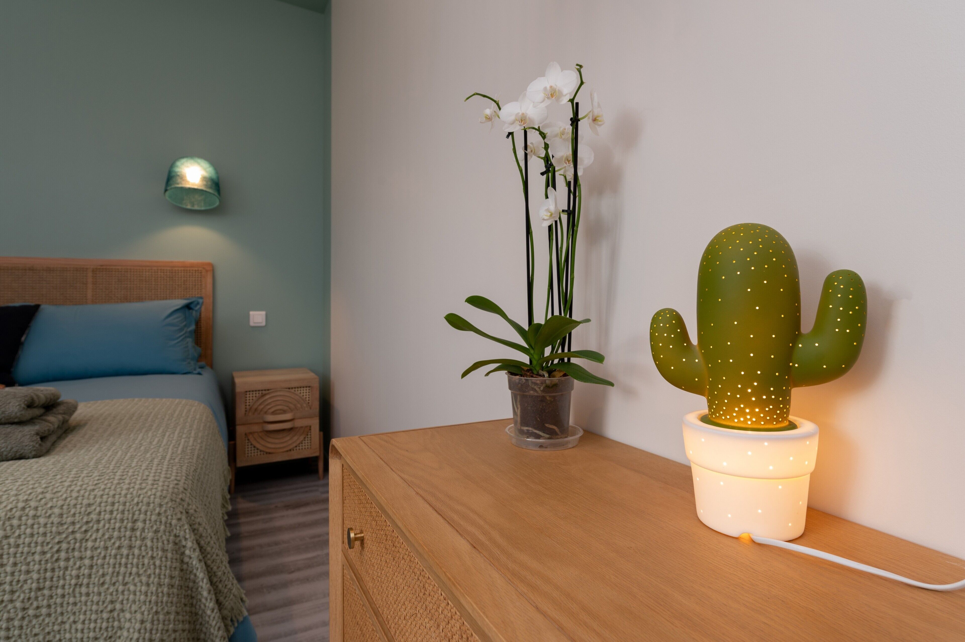 A bedroom with a bed, a bedside table with a potted plant, a wall-mounted lamp, and a cactus in a pot.