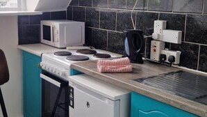 A compact kitchen with teal cabinets, a microwave, a stove, and a small refrigerator. - Cork Apartment With River Views -cosy in Cork (Cork)