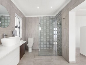 A modern bathroom with a large white sink, a toilet, and a glass-enclosed shower. - Blueberry Villa (St. Helena Bay)