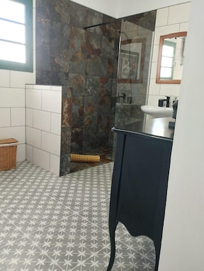 Shower, hair dryer, towels, soap