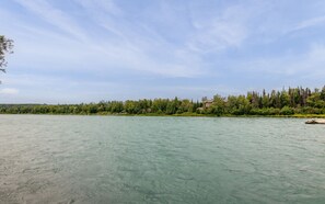 A river with a forested bank and a house in the background.