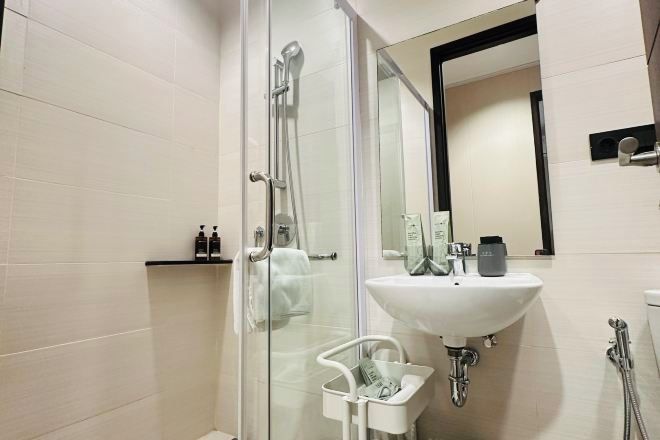 A modern bathroom with a glass shower enclosure, a white sink, and a mirror.