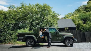 A green pickup truck parked on a road with a house in the background.