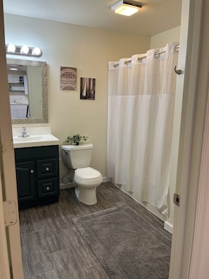 Hair dryer, towels, soap, toilet paper