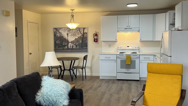 Un espacio habitable compacto con sofá, sillón y una pequeña mesa de comedor. Se observa una cocina al fondo con armarios blancos y una estufa.