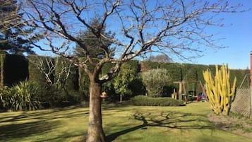 Un jardín con un gran árbol, setos cuidadosamente recortados y diversas plantas.