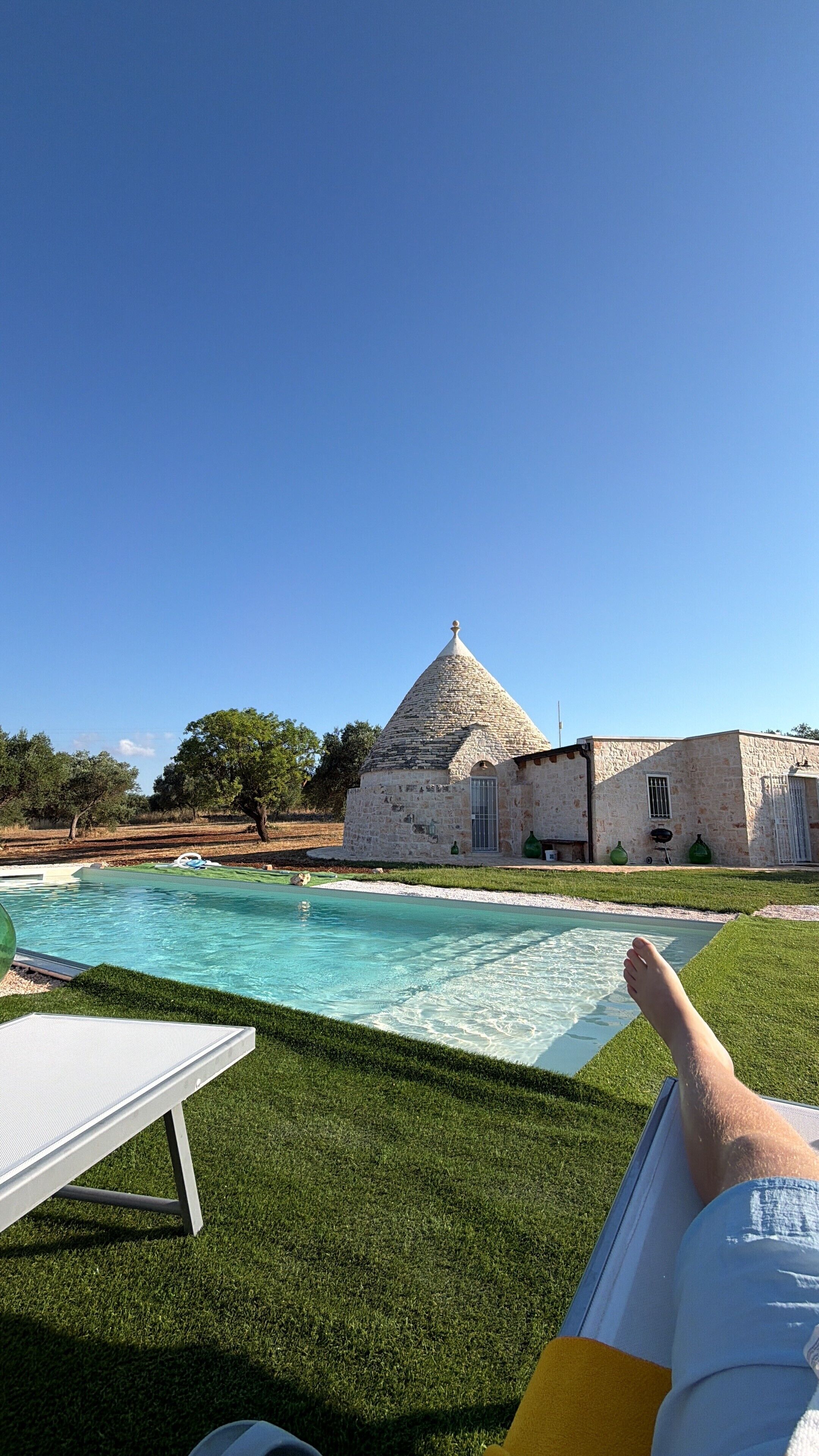Vista de la piscina con un edificio de piedra, cielo despejado y zona ajardinada.