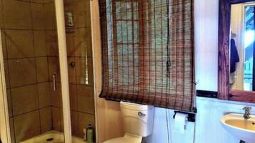 Hair dryer, towels, soap, toilet paper