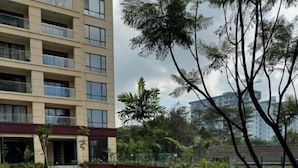 Uma área externa ajardinada com um edifício ao fundo.
