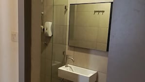 A bathroom with a glass shower enclosure, a white sink, and a mirror. - Lodge 5 (Kota Kinabalu)