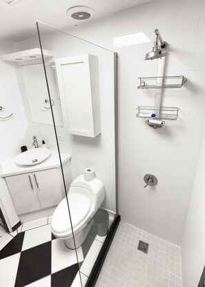Een moderne badkamer met een glazen douchewand, toilet, wastafel, douche en spiegel.