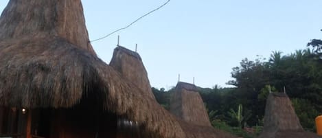 Thatched-roof huts with wooden structures, likely part of a resort or accommodation area.