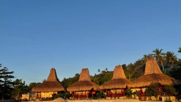 A row of thatched-roof huts with a clear sky. - Three Queen Villa and Homestay (Wanokaka)