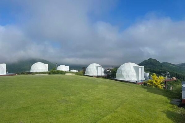 Varias estructuras en forma de cúpula en un campo cubierto de césped con montañas al fondo.