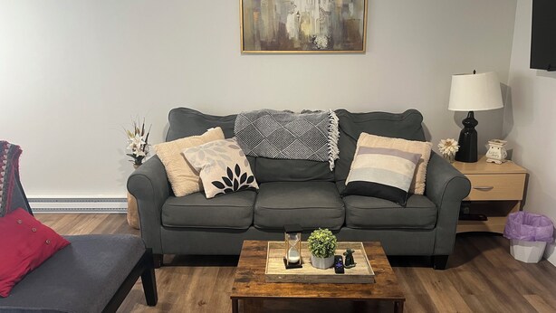 A living room with a grey sofa, a wooden coffee table, and a painting on the wall.