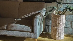 Une pièce avec un canapé gris, une grande fenêtre à cadre noir et un panier en osier contenant des plantes.