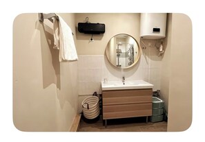 Hair dryer, towels, soap, toilet paper