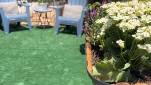 A patio area with artificial grass, two blue chairs, and a planter with various flowers.