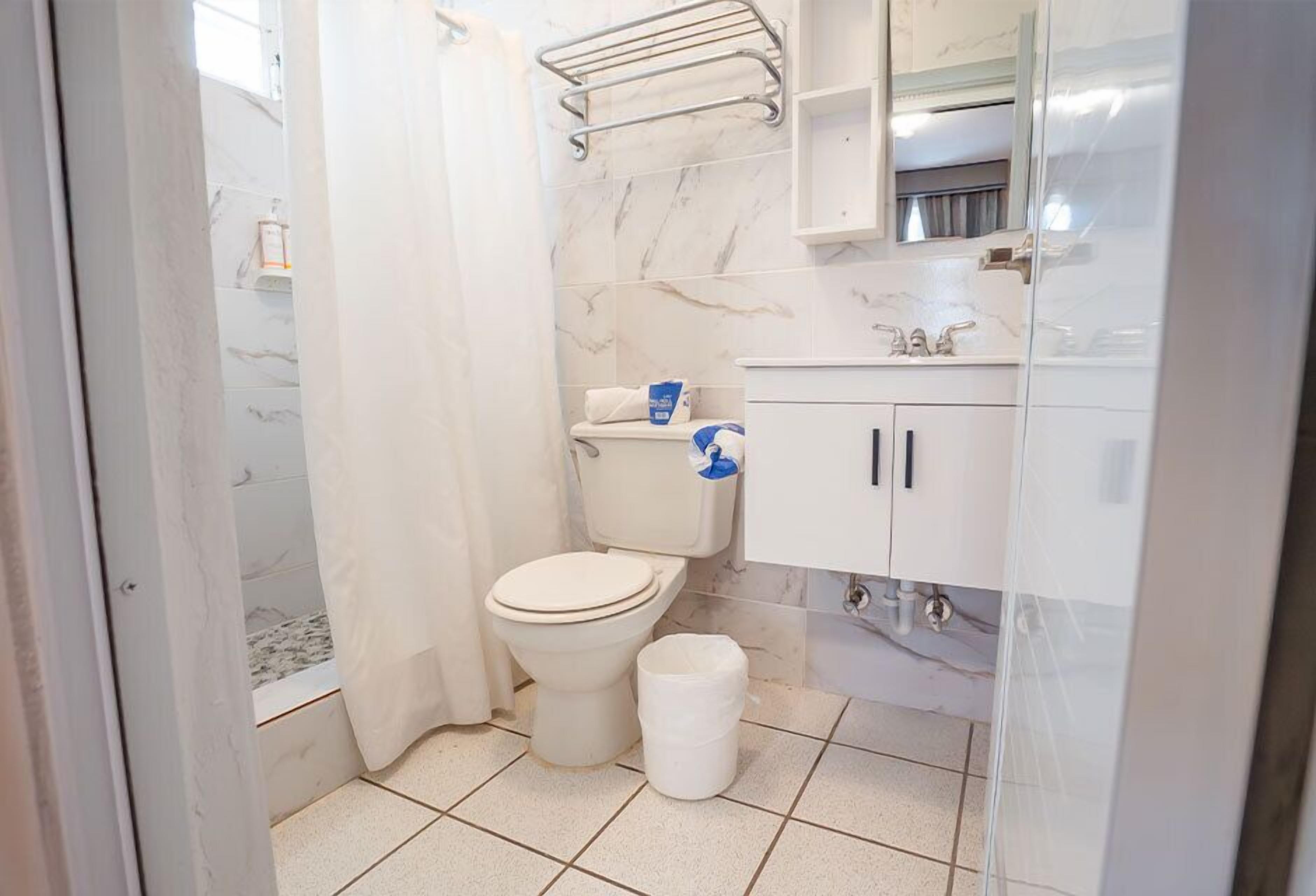 A bathroom with a toilet, a shower, a sink, and a mirror.