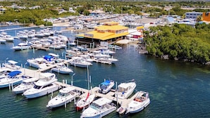 Un port de plaisance où de nombreux bateaux sont amarrés, entouré de verdure et de bâtiments.
