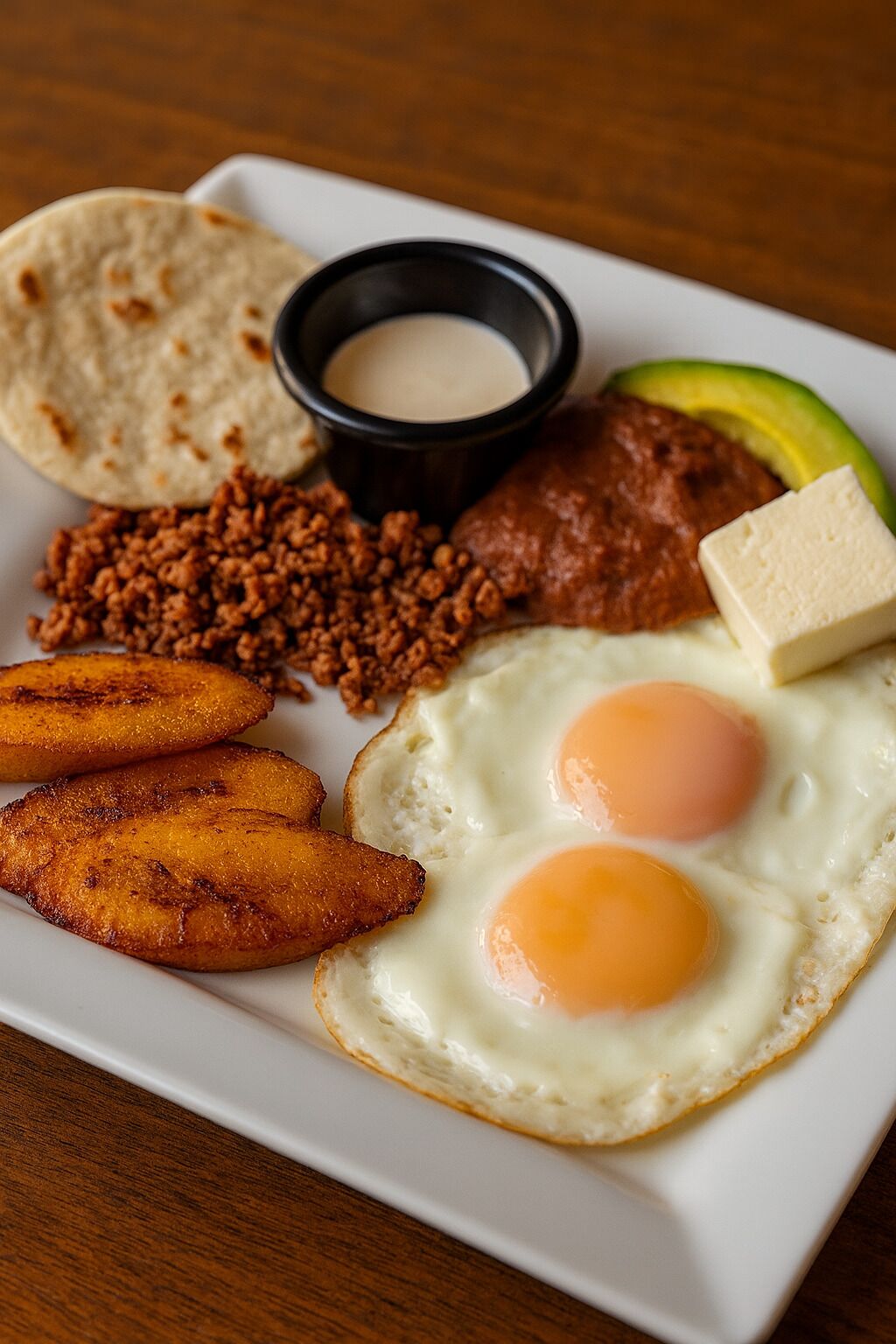 A plate with fried eggs, plantains, avocado, and a small bowl of sauce.
