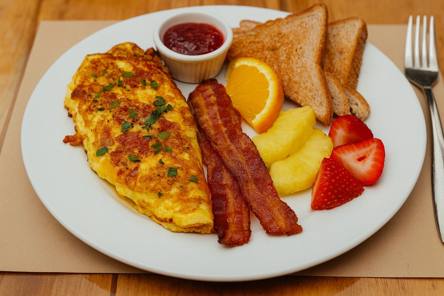 En tallerken med omelet, bacon, ristet brød, jordbær, ananas, appelsin og en lille skål syltetøj.