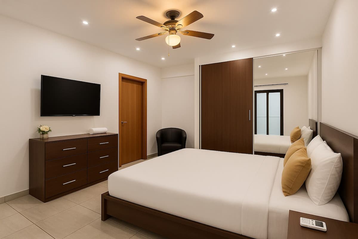 A modern bedroom with a bed, a dresser, a TV, a ceiling fan, and a large mirror.