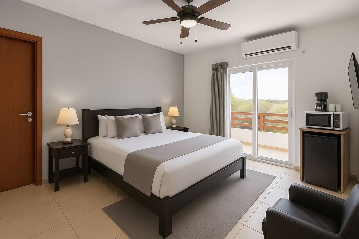 A hotel room with a bed, two bedside tables with lamps, a ceiling fan, an air conditioning unit, a TV, a coffee maker, and a view of the outdoors through a sliding door.