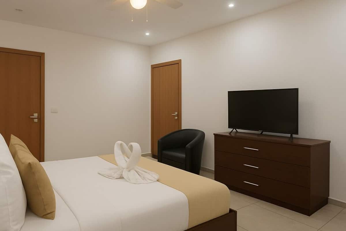 A hotel room with a bed, a TV on a dresser, a ceiling fan, and two doors.