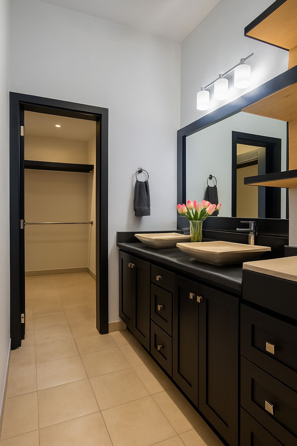 A modern bathroom with a large mirror, two sinks, and a towel rack.