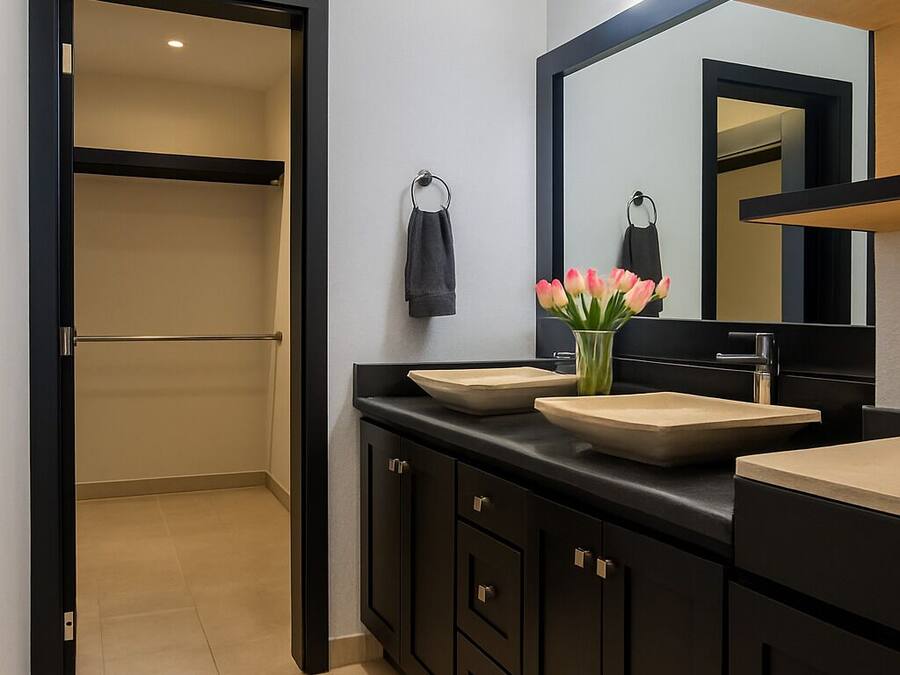 A modern bathroom with a large mirror, two sinks, and a towel rack.