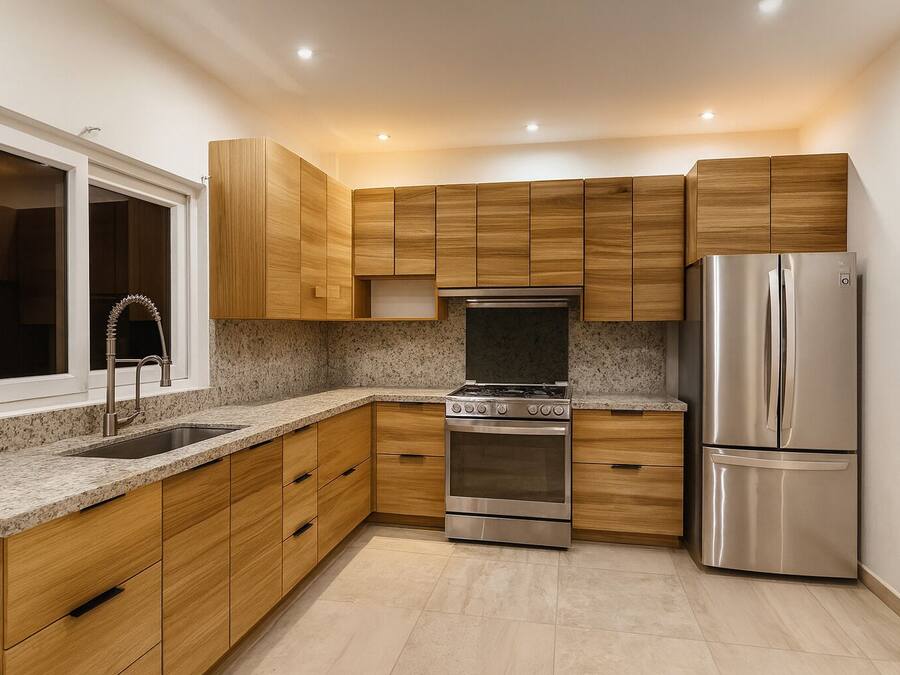 Una cocina moderna con armarios de madera, estufa de acero inoxidable y refrigerador.