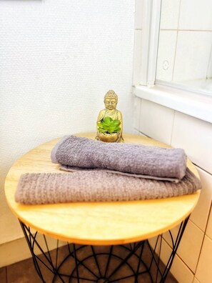 Secadora de cabello, toallas, jabón, papel de baño 